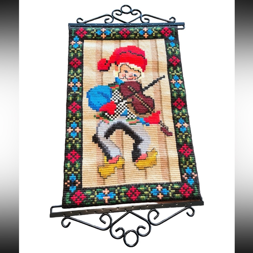 Vintage Needlepoint Christmas Hanging Wall Art Elf Playing Violin Handmade